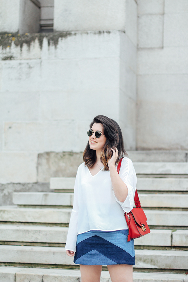 denim patchwork skirt with bell white blouse mango furla metropolis streetstyle myblueberrynightsblog