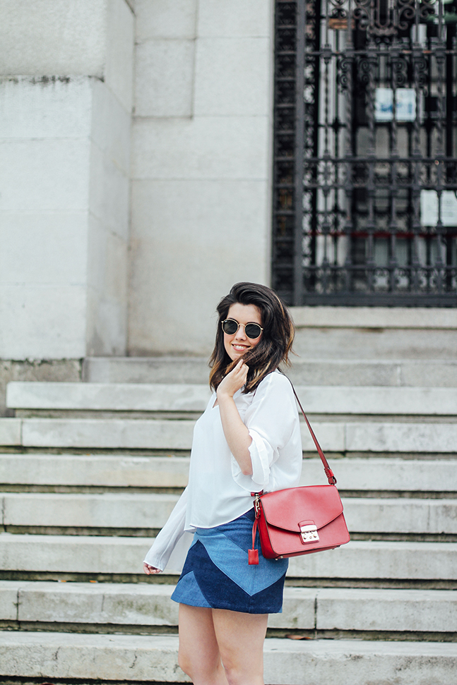 denim patchwork skirt with bell white blouse mango furla metropolis streetstyle myblueberrynightsblog