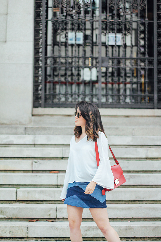 denim patchwork skirt with bell white blouse mango furla metropolis streetstyle myblueberrynightsblog