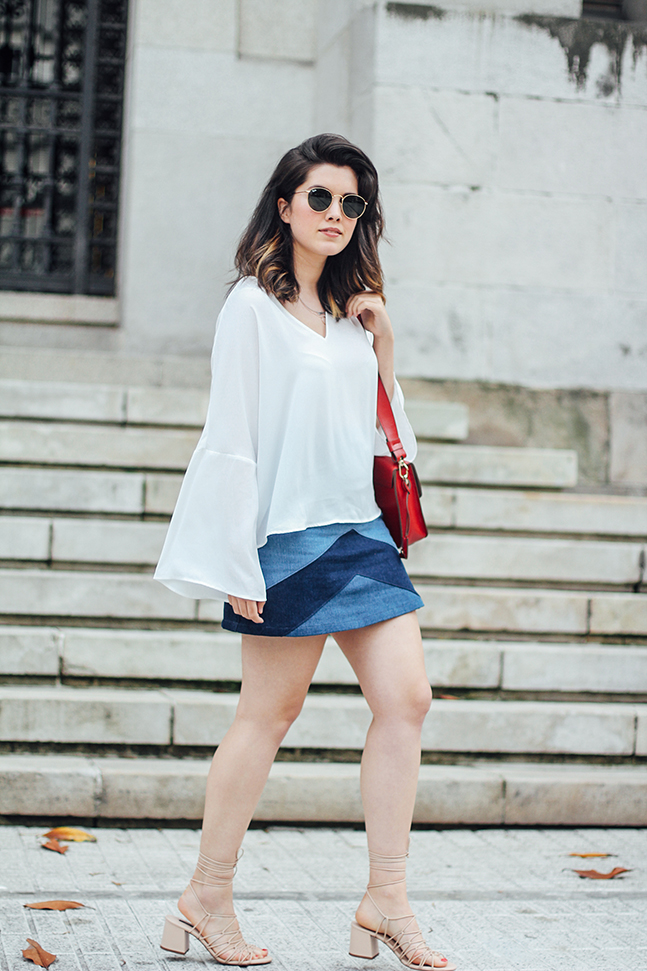 denim patchwork skirt with bell white blouse mango furla metropolis streetstyle myblueberrynightsblog