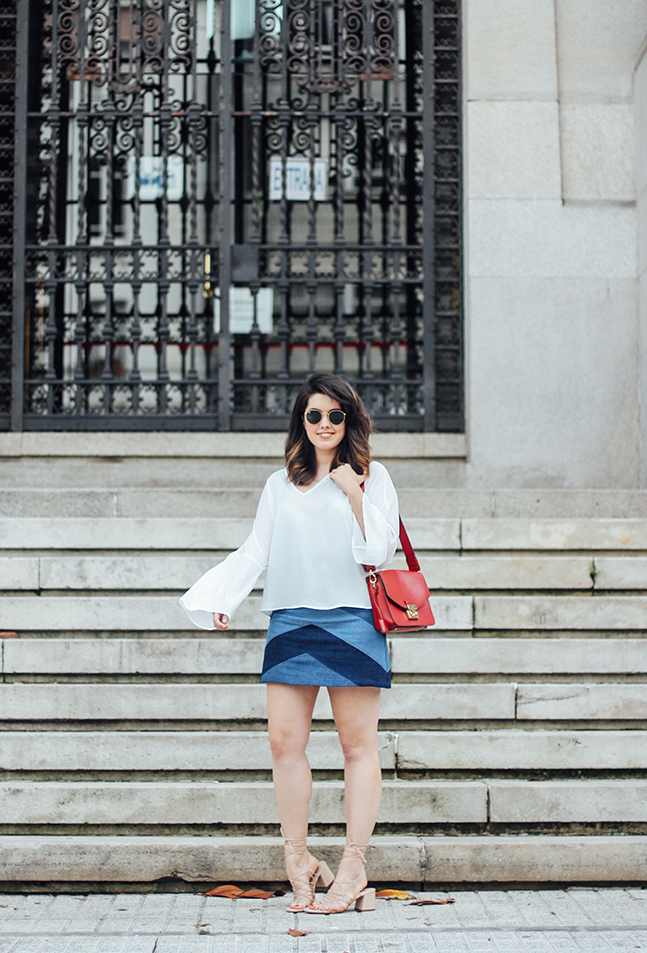 denim patchwork skirt with bell white blouse mango furla metropolis streetstyle myblueberrynightsblog