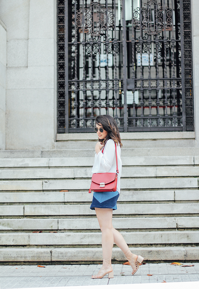 denim patchwork skirt with bell white blouse mango furla metropolis streetstyle myblueberrynightsblog