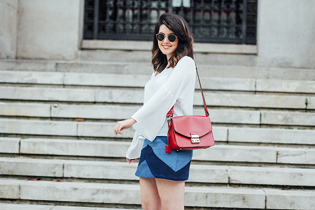 denim patchwork skirt with bell white blouse mango furla metropolis streetstyle myblueberrynightsblog