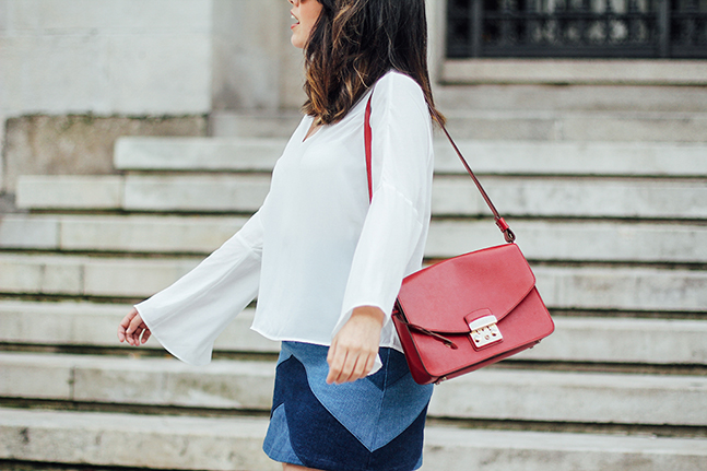 denim patchwork skirt with bell white blouse mango furla metropolis streetstyle myblueberrynightsblog